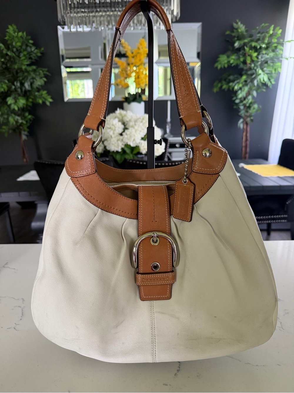 Coach SoHo Lynn Hobo Cream Shoulder Bag with Tan Leather Trim